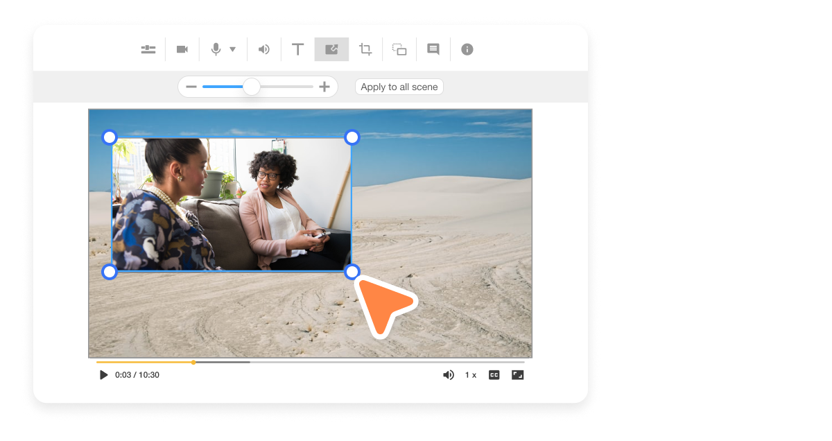 Scene-Based video editing in Visla showcasing the footage scaling feature. Users can resize footage within each scene to create dynamic layouts and achieve picture-in-picture effects.